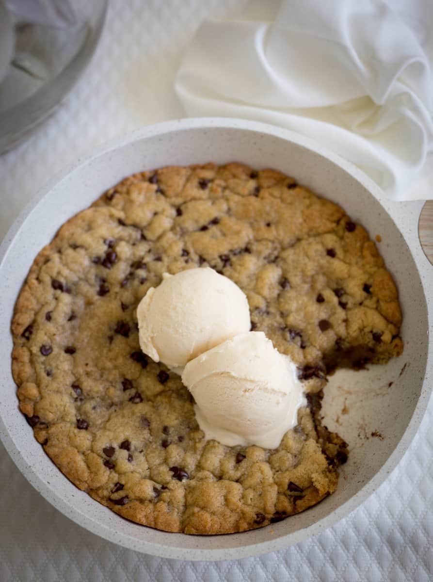Warm and Gooey Chocolate Chip Bourbon Skillet Cookie