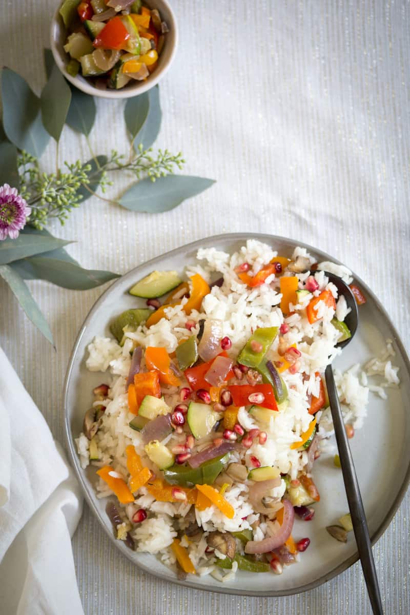 Rice with Sauteed Vegetables and Pomegranate Arils